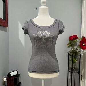 Bebe Striped Logo Foil Crown Fitted Short Sleeve Raw Edge Bling Tee T-Shirt S